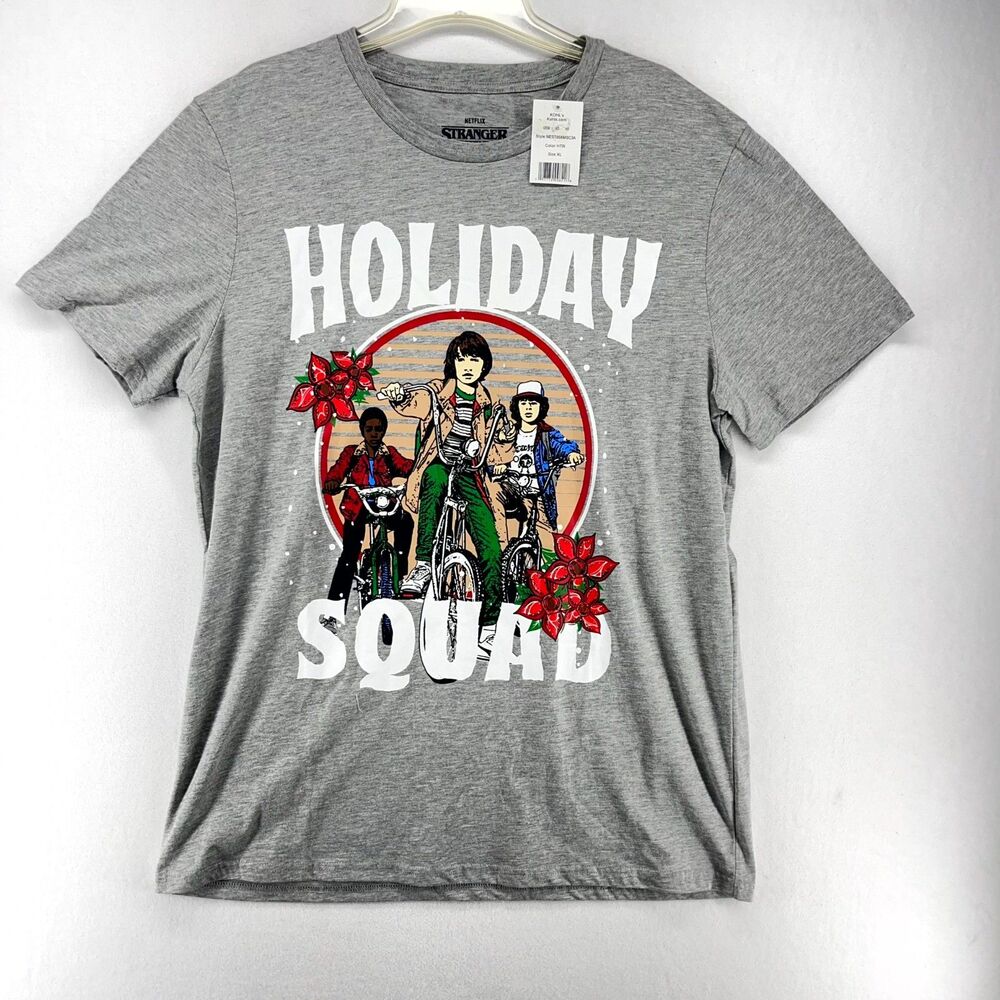 Netflix Stranger Things Holiday Squad Graphic T Shirt Men's XL Grey